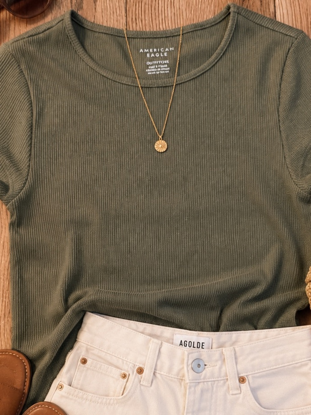 American Eagle Outfitters Olive Ribbed Short Sleeve Tee